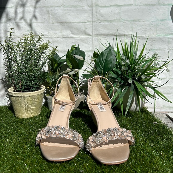 - Badgley Mischka Soft Nude Crystal embellished wedge heel ankle strap size 9.5 - Picture 12 of 13